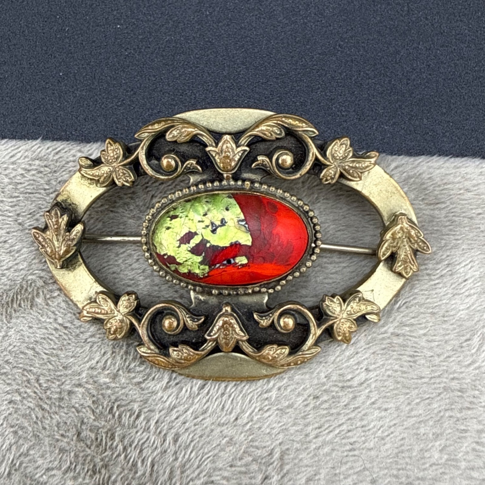 Vintage Victorian Czech Foil Art Glass Brooch Sash Pin Red Green